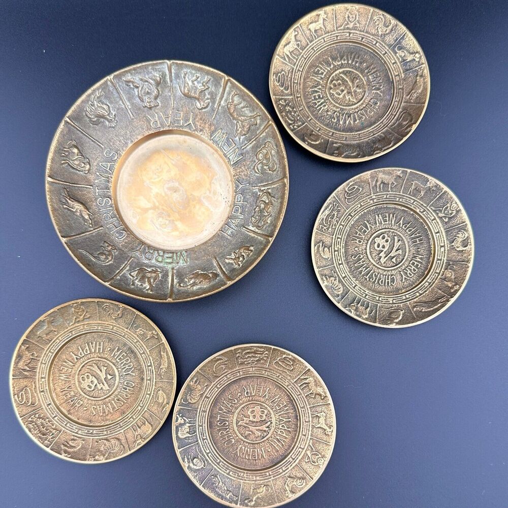 Five (5) Vintage Korean Brass Zodiac Astrology Horoscope Bowls Trinket Dishes